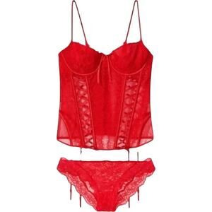 VICTORIA'S SECRET Red Lace Corset + Pant Set, Medium